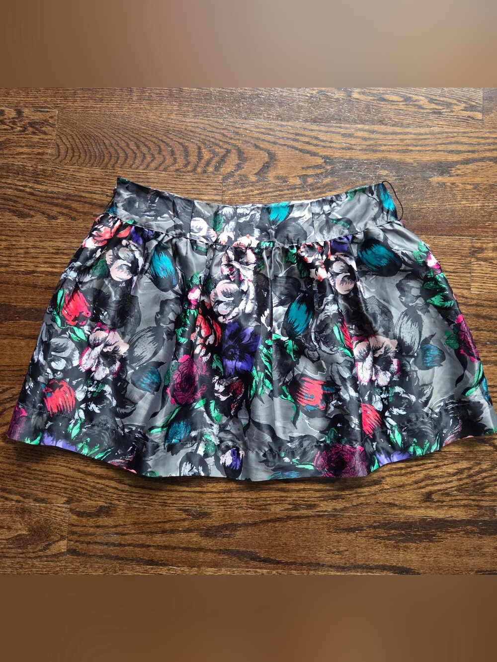 Candie's Bold Floral Black & Grey Skirt‎ with Pink, Teal, Purple & Green Accents